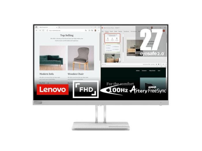 Lenovo L27e-40 27 Inch VA FullHD 100Hz Anti-glare Monitor With HDMI, VGA, AMD FreeSync,Tilt Stand-Cloud Grey