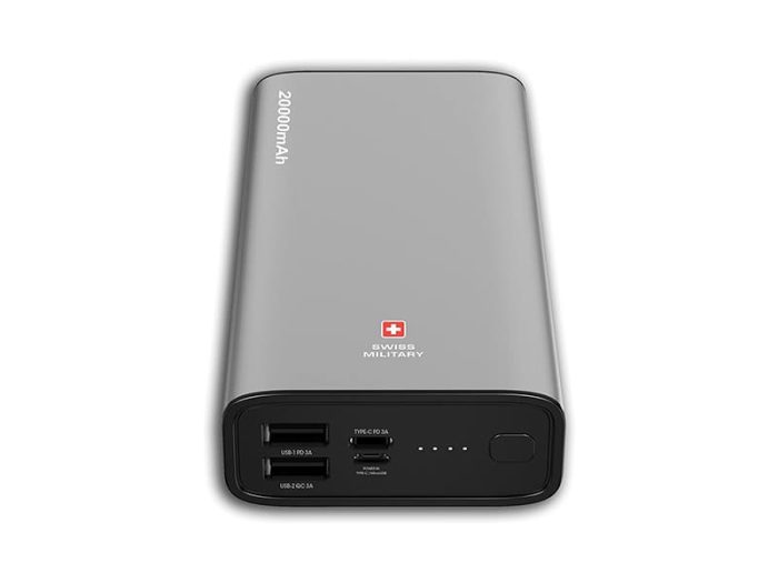 Swiss Military Bieudron PD Power Bank 20000MAH: Rapid Charging, 20W Output, 50% Charge in 30 Minutes* -Type-C, Micro, and Dual USB Inputs,Silver