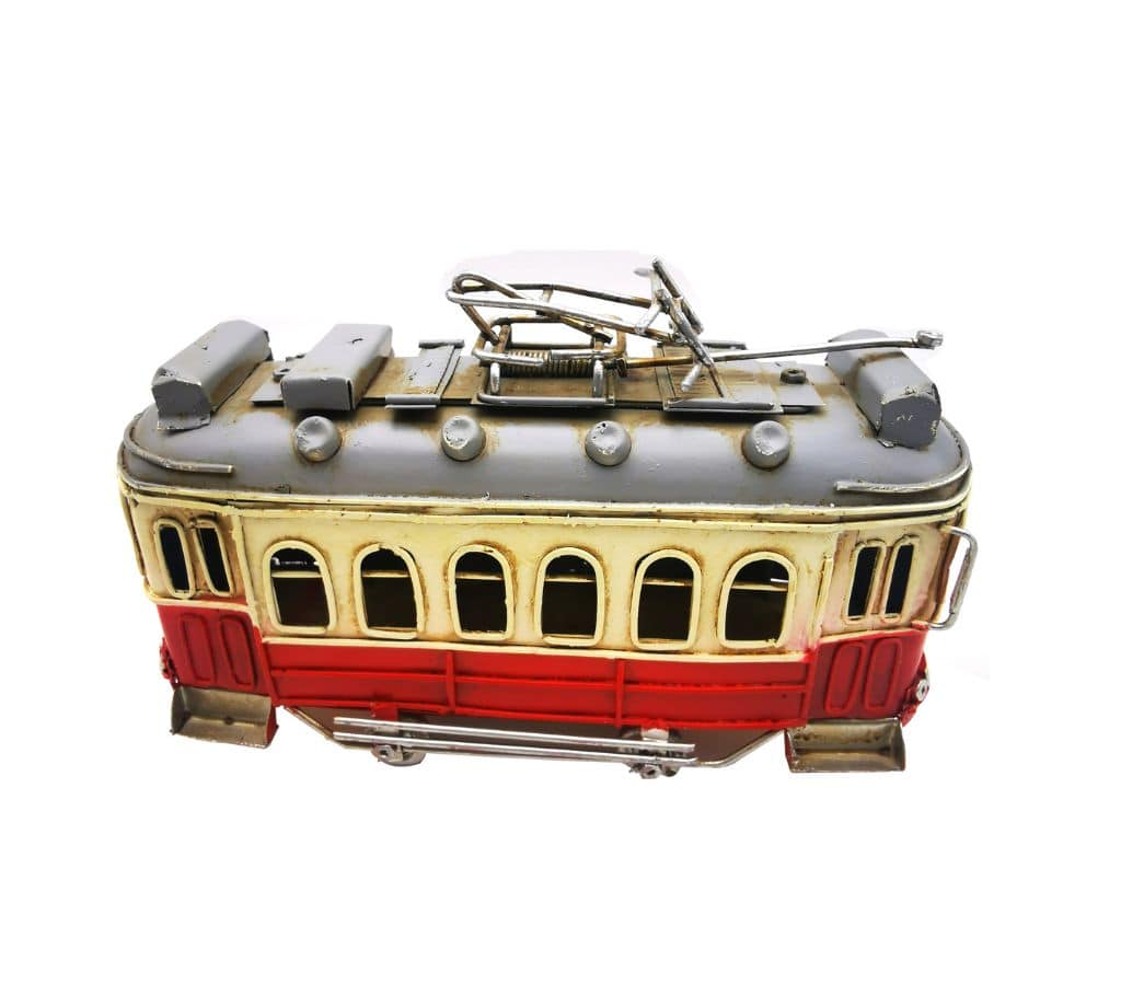 Vintage Decorative Metal Tram Model - Classic Red and Cream Trolley Car for Collectible Railway Decor and Retro Home Styling