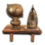 Decorative Wooden Display Stand with Vintage Globe, Burj Al Arab Model & Love Design - Antique Bronze Finish,  Wooden Display Stand Featuring Vintage Globe, Burj Al Arab Model, and Love Design in Antique Bronze