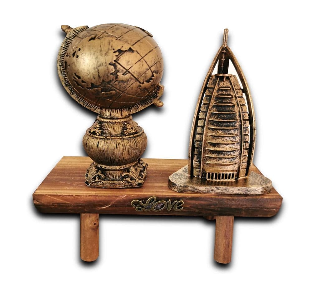 Decorative Wooden Display Stand with Vintage Globe, Burj Al Arab Model & Love Design - Antique Bronze Finish, Wooden Display Stand Featuring Vintage Globe, Burj Al Arab Model, and Love Design in Antique Bronze