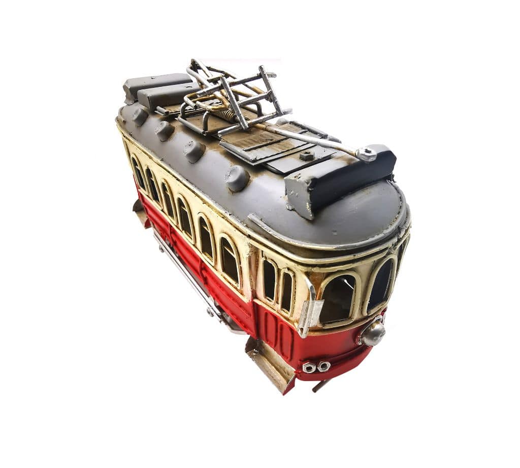 Vintage Decorative Metal Tram Model - Classic Red and Cream Trolley Car for Collectible Railway Decor and Retro Home Styling - Image 2