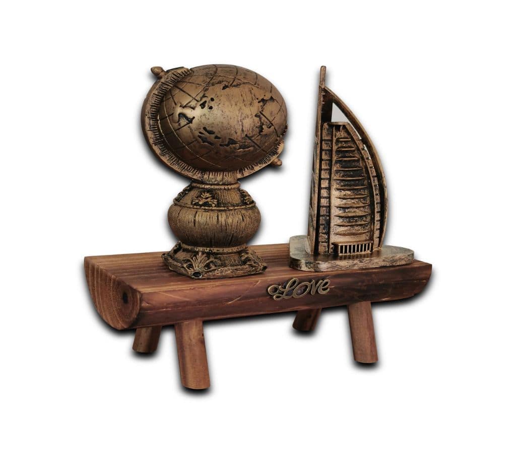 Decorative Wooden Display Stand with Vintage Globe, Burj Al Arab Model & Love Design - Antique Bronze Finish, Wooden Display Stand Featuring Vintage Globe, Burj Al Arab Model, and Love Design in Antique Bronze - Image 2