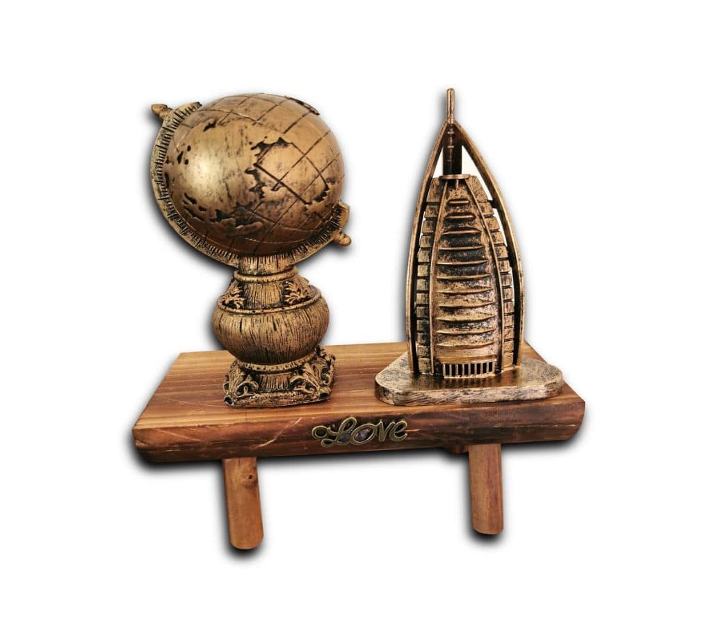 Decorative Wooden Display Stand with Vintage Globe, Burj Al Arab Model & Love Design - Antique Bronze Finish, Wooden Display Stand Featuring Vintage Globe, Burj Al Arab Model, and Love Design in Antique Bronze - Image 3