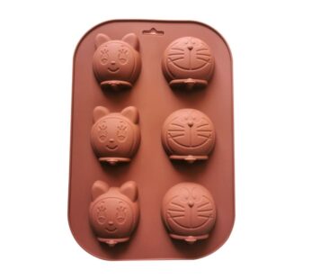 Cartoon Cat and Doraemon Character Silicone Baking Mould – 6-Cavity Brown Chocolate and Candy Mold for Fun, Themed Homemade Treats