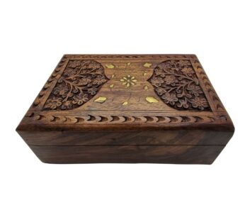Handcrafted Wooden Jewellery Box with Intricate Floral Carved Design, Elegant Brass Inlay, and Soft Velvet Interior – Premium Storage for Jewelry and Keepsakes