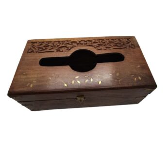 Handcrafted Wooden Tissue Box Cover with Floral Carved Design – Traditional Decorative Tissue Holder with Brass Hinges for Home, Office, or Gifting