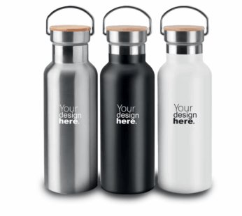 Stainless Steel Flask with Bamboo Lid – Custom Logo Branding for Corporate & Individual Gifts – Eco-Friendly, Reusable Insulated Bottle