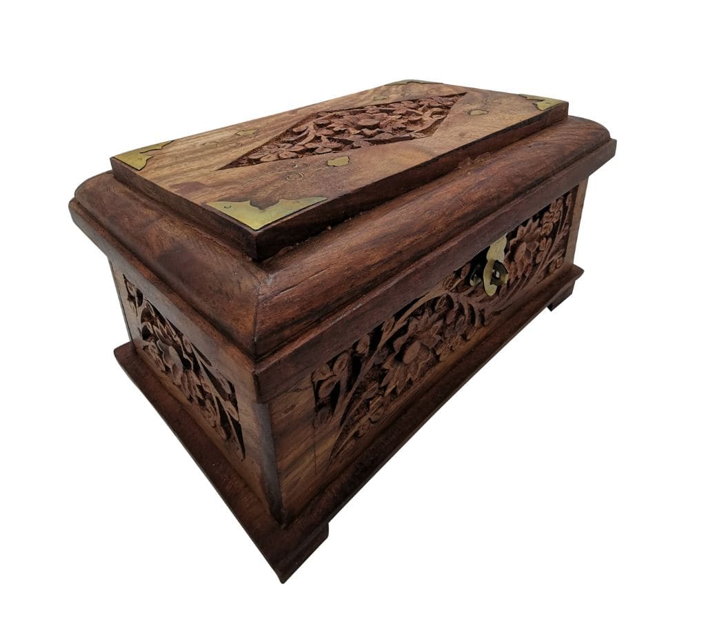 Vintage Wooden Jewellery Box with Hand-Carved Floral Design, Luxurious Red Velvet Lining, and Durable Brass Hardware – Classic Storage for Rings, Necklaces, and Keepsakes