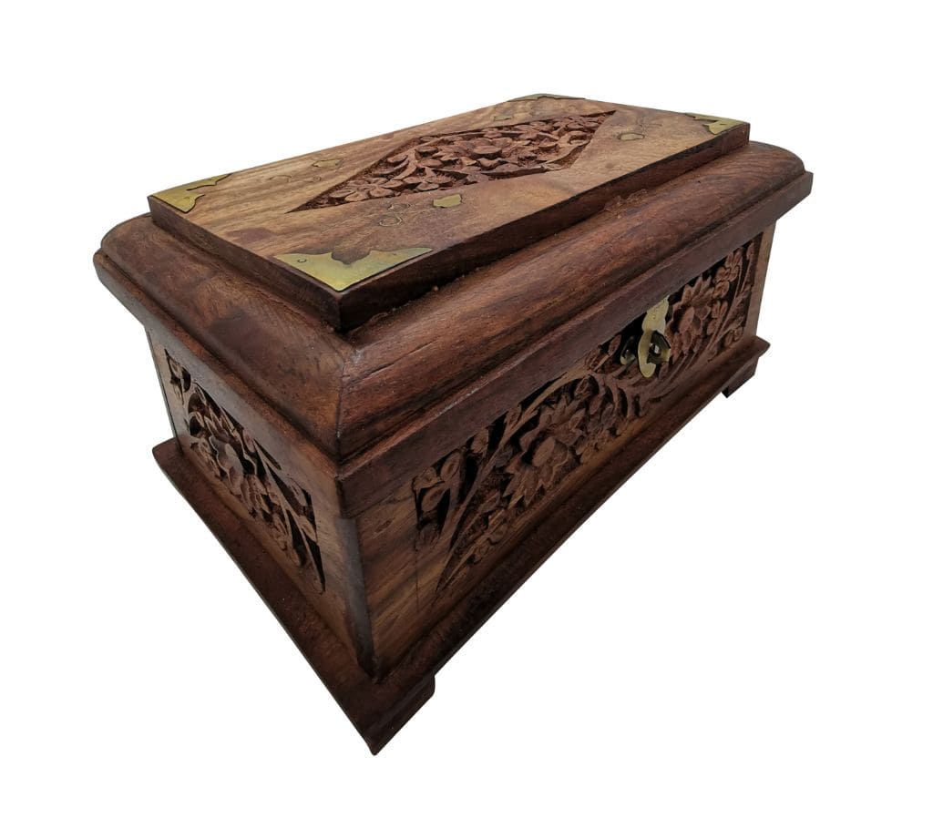 Vintage Wooden Jewellery Box with Hand-Carved Floral Design, Luxurious Red Velvet Lining, and Durable Brass Hardware – Classic Storage for Rings, Necklaces, and Keepsakes - Image 2