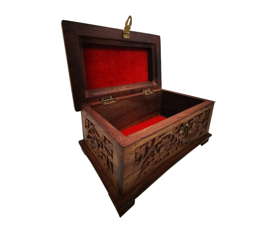 Vintage Wooden Jewellery Box with Hand-Carved Floral Design, Luxurious Red Velvet Lining, and Durable Brass Hardware – Classic Storage for Rings, Necklaces, and Keepsakes - Image 3