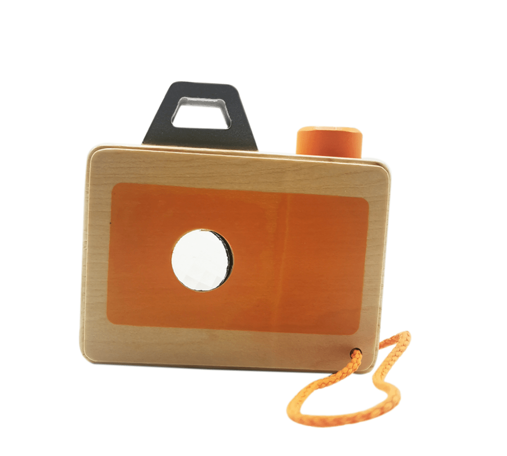 Wooden Toy Camera for Kids, Educational Pretend Play, with Kaleidoscope Lens and Cord, Natural Wood and Orange - Image 2